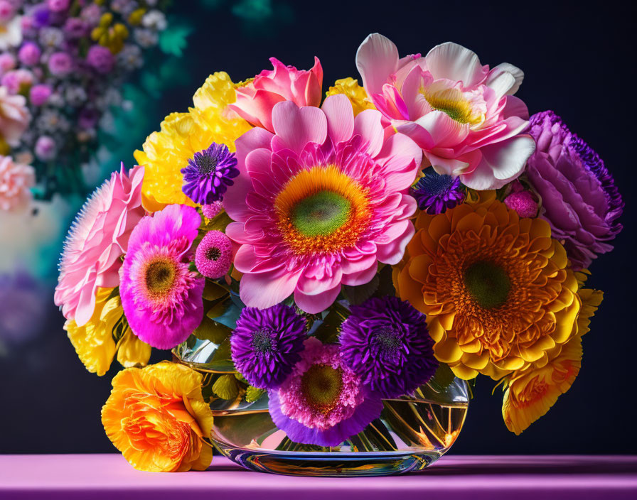 Colorful Flower Arrangement in Clear Glass Vase on Purple Surface