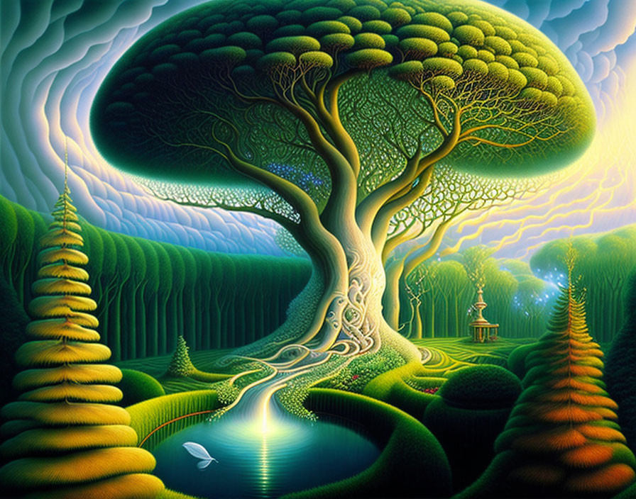 Surreal landscape with oversized twisting tree and serene pond