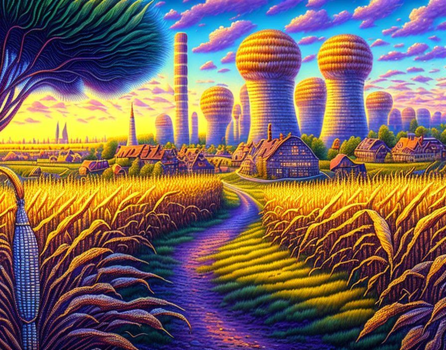 Surreal landscape with golden wheat fields and fantastical structures