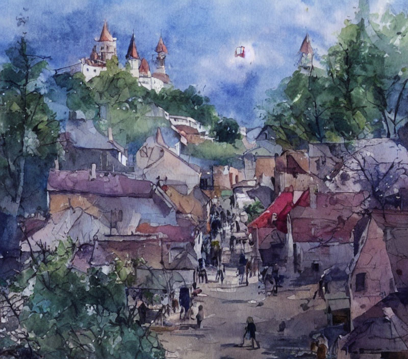 Historical village watercolor painting with red-roofed houses, green trees, and castle on hill