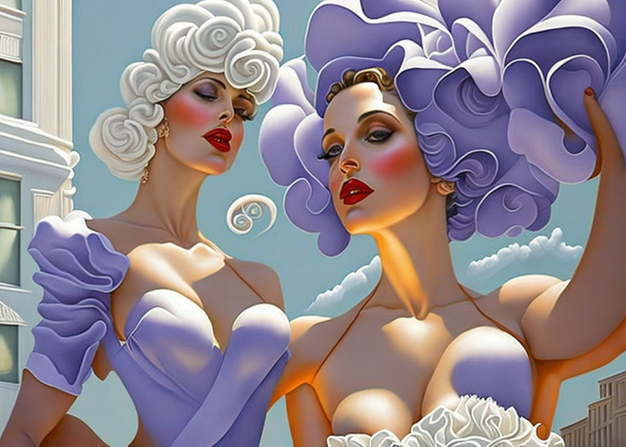 Stylized glamorous female figures with cloud-like hairstyles against cityscape