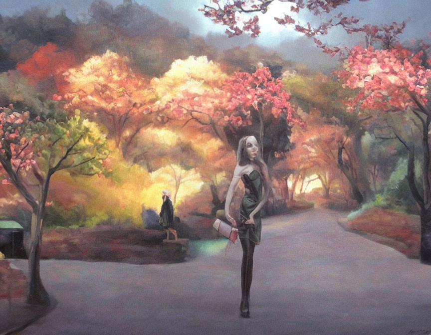 Woman standing on autumn pathway with colorful trees and seated figure under gloomy sky