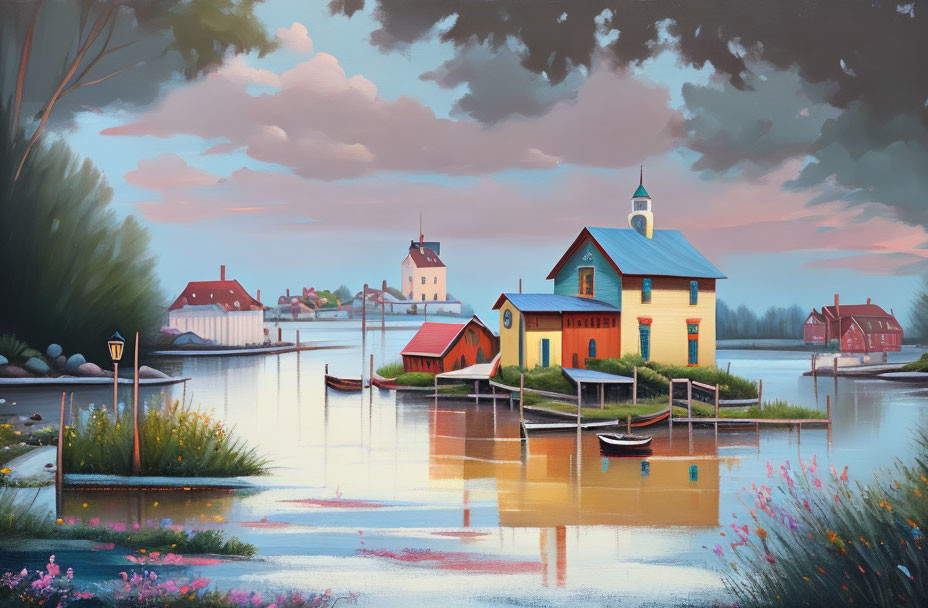 Colorful lakeside scene with house, church, boats, and pastel sky