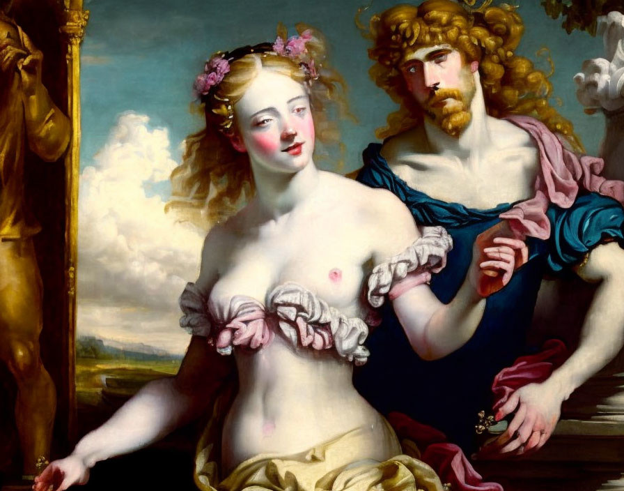 Classic Oil Painting of Fair-Skinned Woman and Bearded Man in Toga