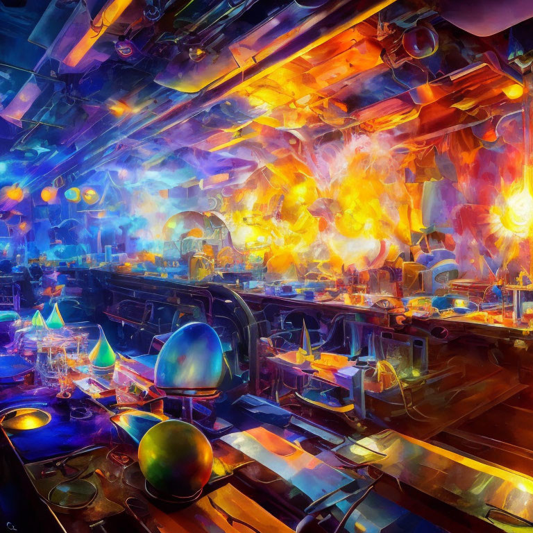 Colorful Abstract Futuristic Interior with Neon Colors & Geometric Shapes