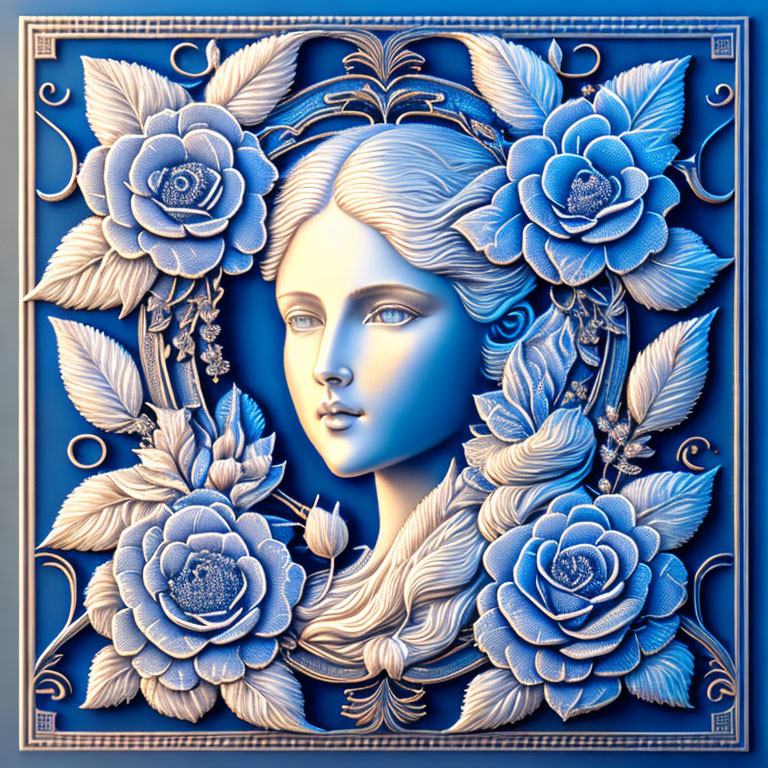 Monochromatic Blue Bas-Relief Woman's Face with Flowers