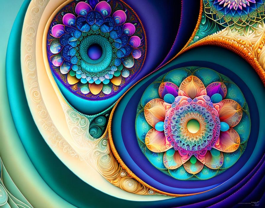 Symmetrical mandala patterns in blue, purple, teal hues with floral motifs