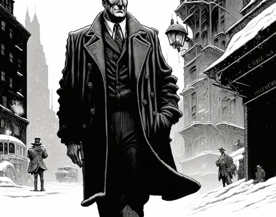 Monochrome illustration of man in heavy coat walking in snowy city scene.