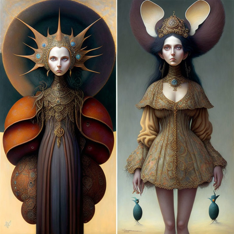 Fantasy art portraits of women with ornate headdresses and attire, one sun-themed and the other