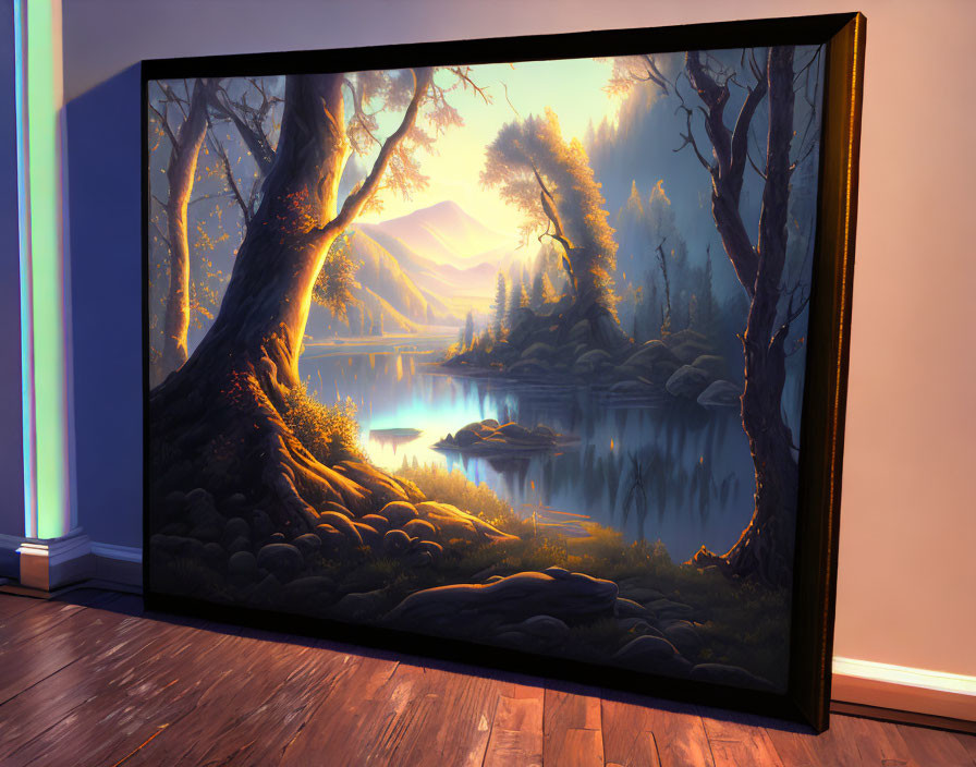 Large Framed Landscape Painting of Serene Forest Scene with Lake and Mountains