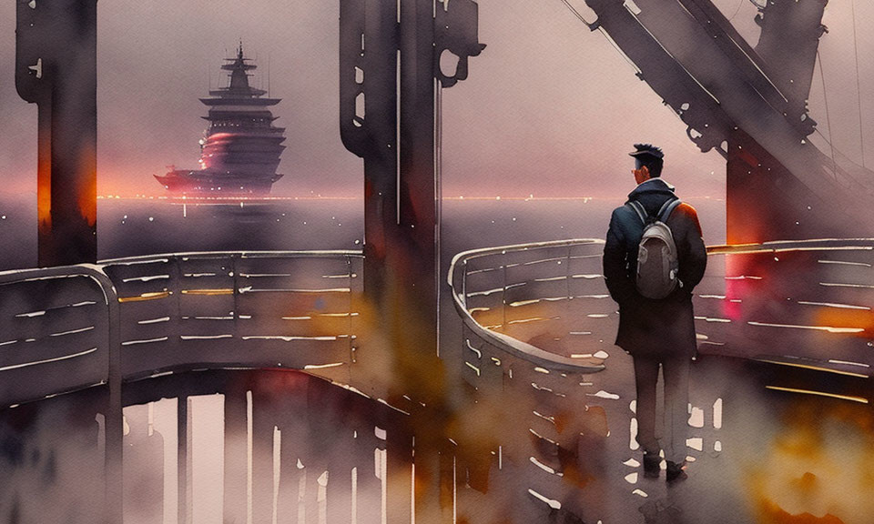 Person on Bridge Watching Illuminated Ship in Misty, Red Sky