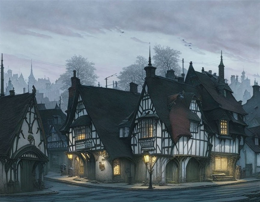 Twilight scene of cobblestone street with half-timbered houses and glowing streetlamps