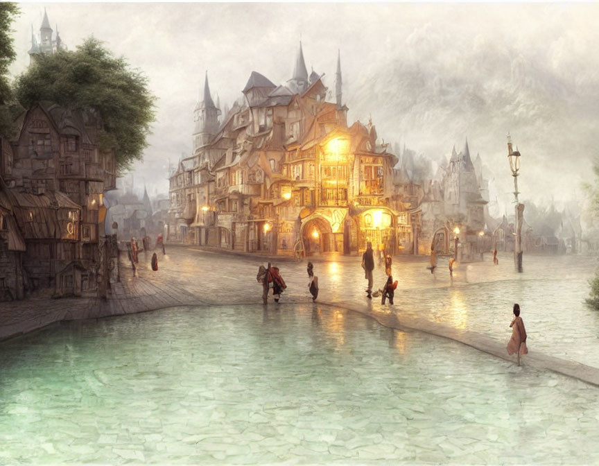 Fantasy town square at dusk with warm light, villagers, waterway, and ethereal mist