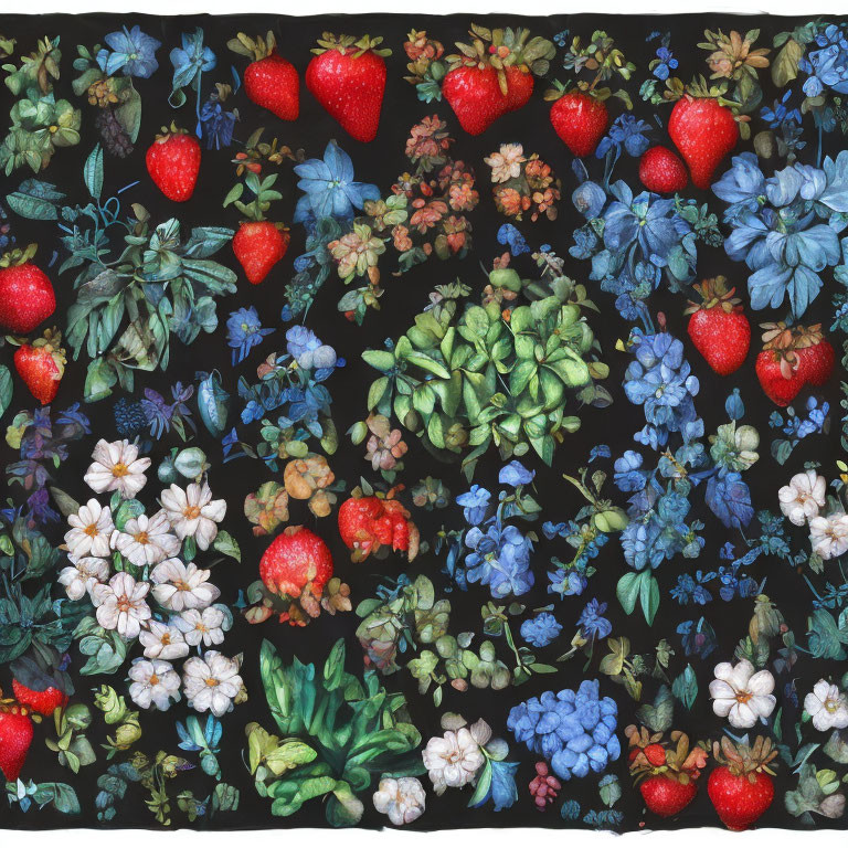 Berries and Flowers Pattern on Black Background