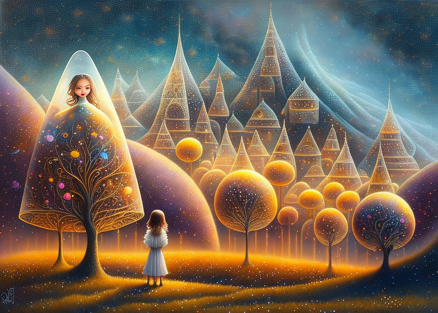 Whimsical painting featuring girl, stylized tree, forest, starry sky