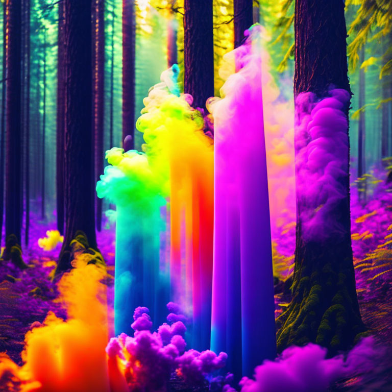 Colorful Smoke Emitting Trees in Vibrant Forest Scene