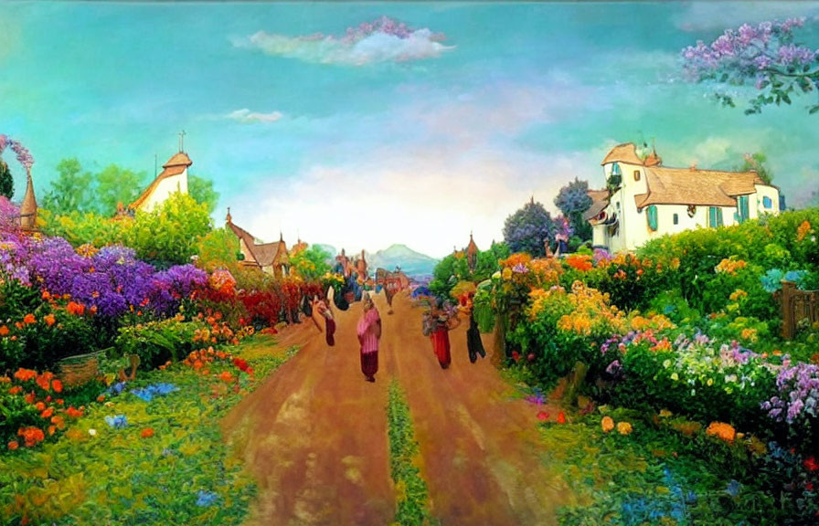 Colorful painting of a bustling village street with people in period clothing