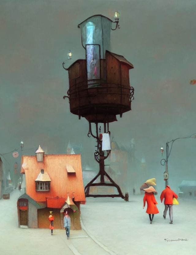 Whimsical painting of town with elevated booth, small houses, and figures in red cloaks under