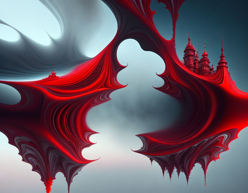 Surreal fractal art with red and gray patterns and crimson castle