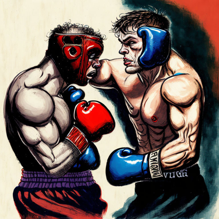 Muscular boxers in red and blue gear fighting intensely