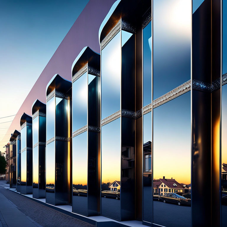 Reflective glass building at dusk with sunset and street scene