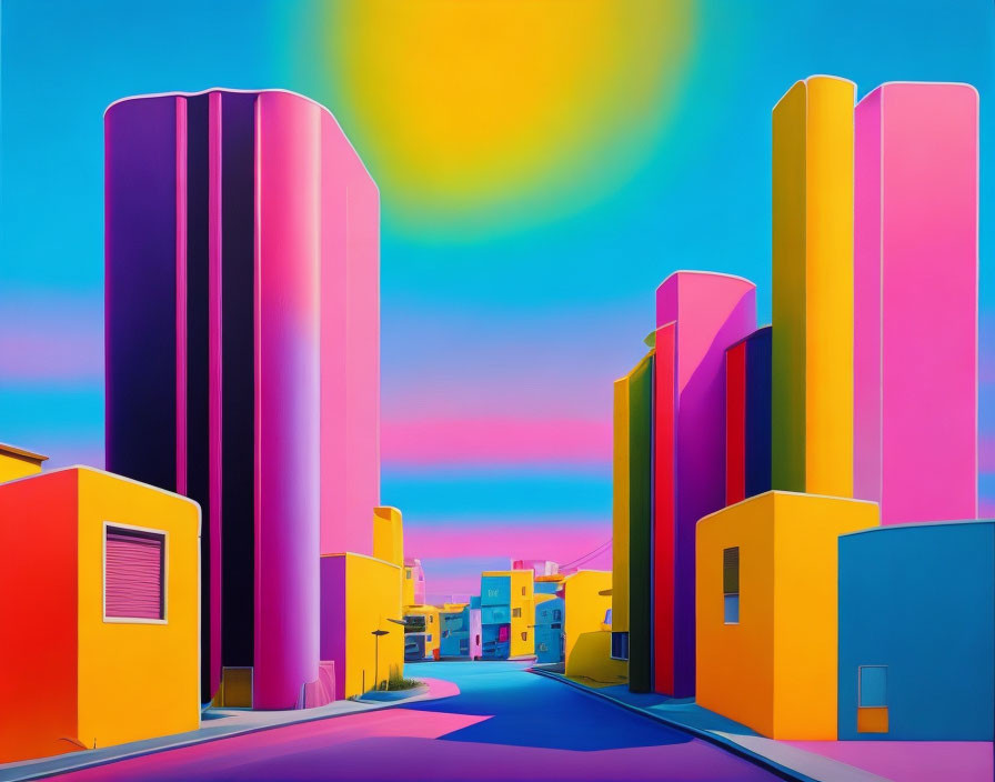 Colorful Surreal Street Scene with Exaggerated Sun and Gradient Sky