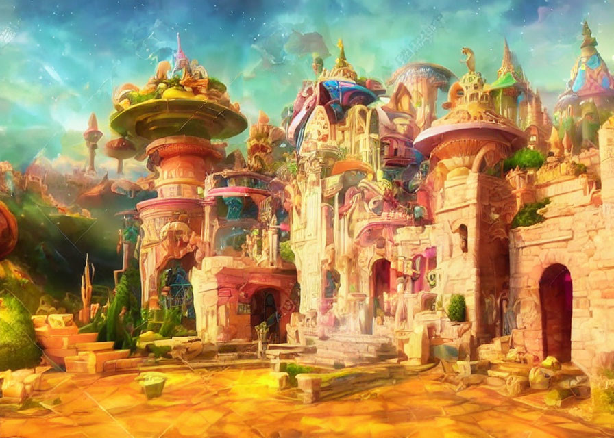 Vibrant fantasy cityscape with whimsical architecture and floating islands