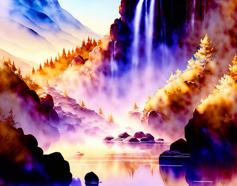 Digital illustration: Serene waterfall, colorful forest, mountains at sunset