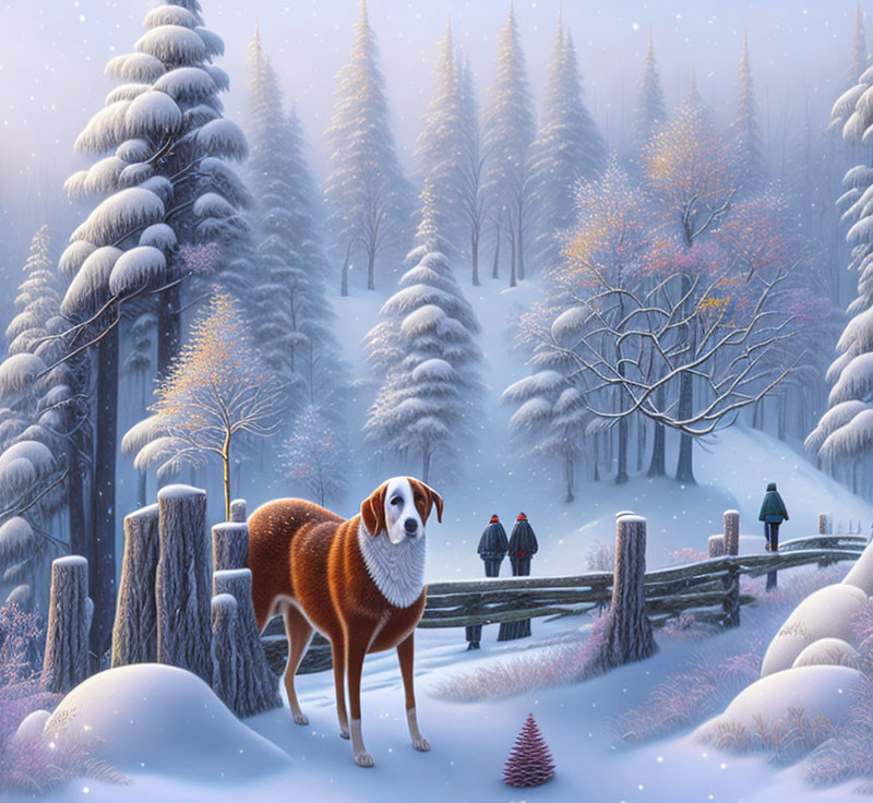 Winter landscape with dog on snow-covered bridge at twilight