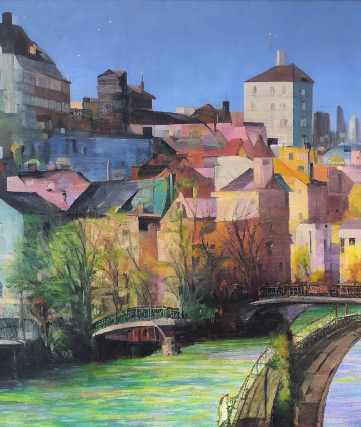 Vibrant urban riverfront painting with diverse buildings, bridge, and lush trees