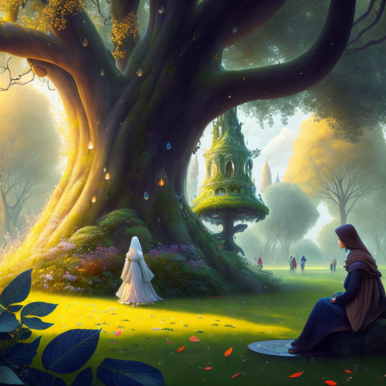 Enchanting forest scene with glowing tree, whimsical treehouse, and robed figures