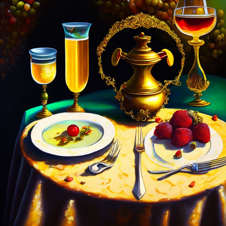 Luxurious Still Life with Soup Plate, Golden Pitcher, Wine Glass, Strawberries, Dessert