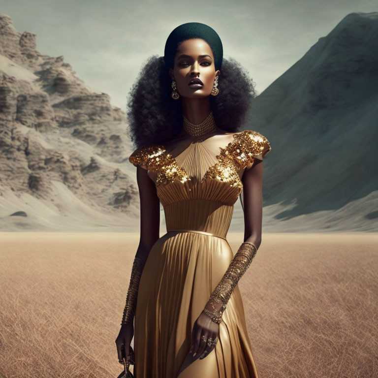 Woman in Gold Detailed Dress Stands in Desert Landscape