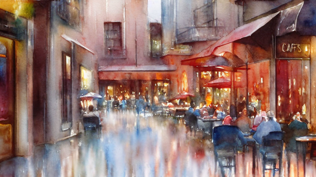 Colorful Watercolor Painting of Street Café Scene