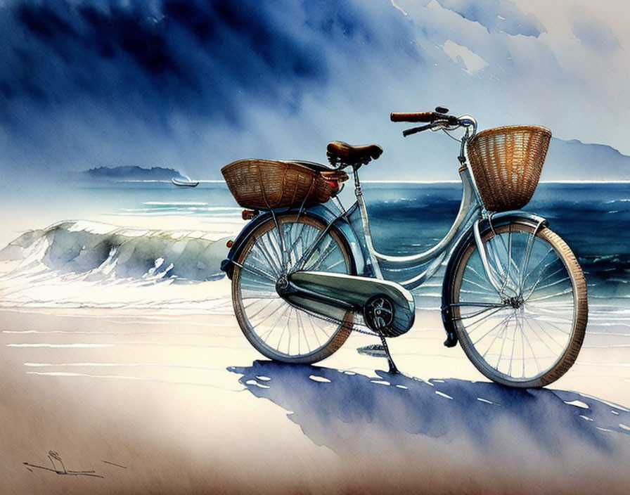 Vintage bicycle with wicker baskets on sandy beach and calm waves under blue sky