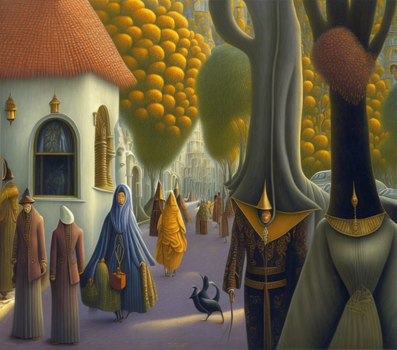 Surreal artwork: People in cloaks, peacock, and oversized fruits in town