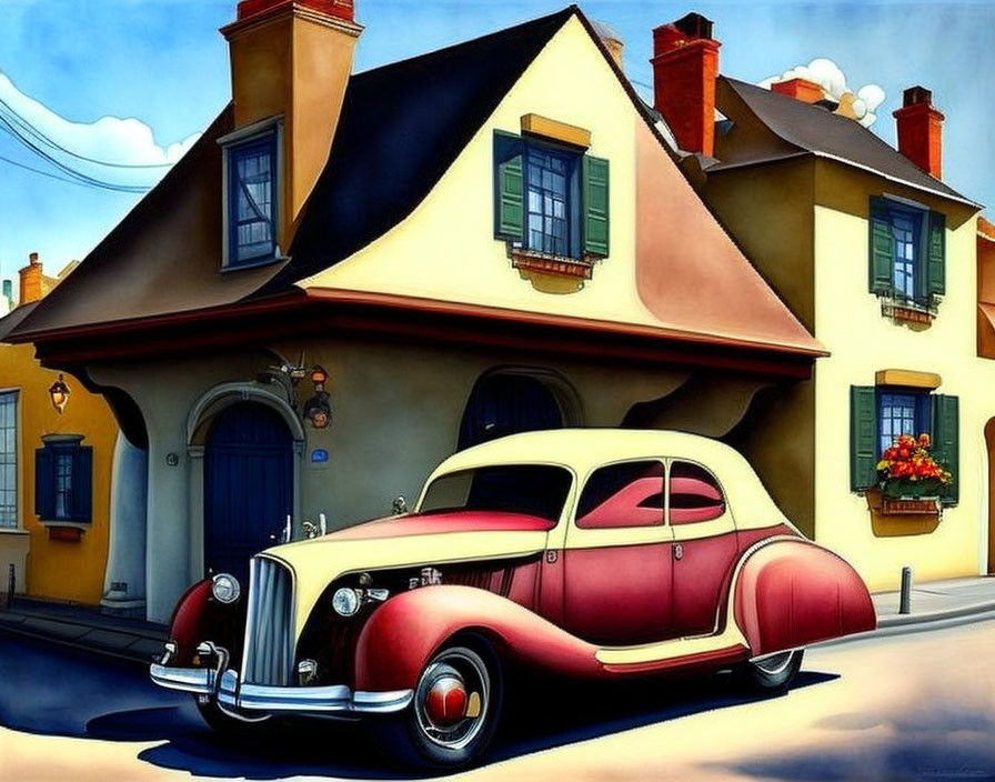 Colorful cartoon-style image of vintage red car and quaint yellow houses under clear blue sky