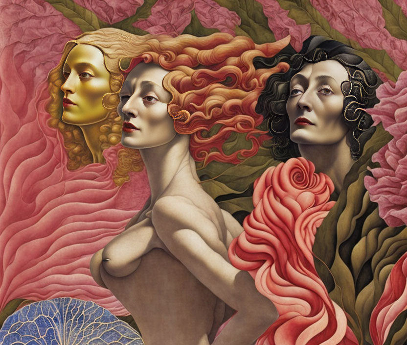 Stylized female figures with flowing hair on pink floral background