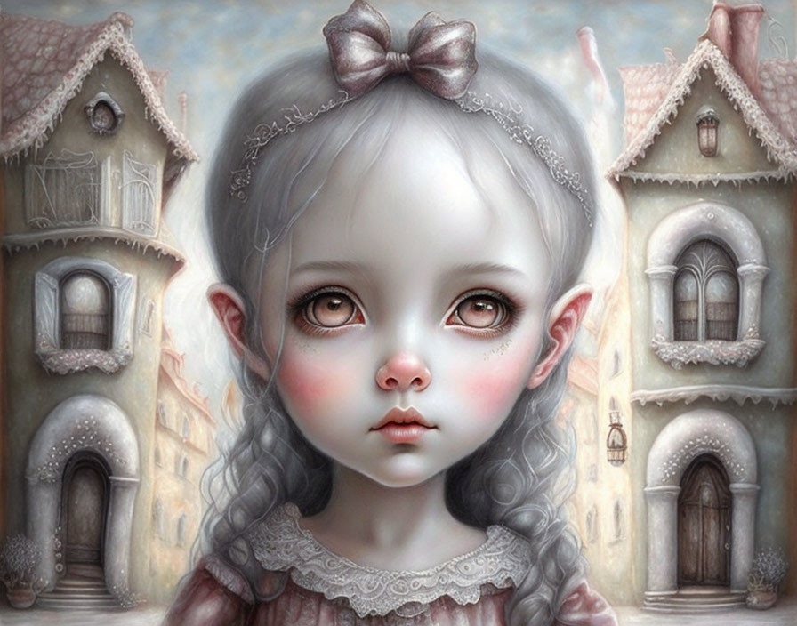 Whimsical girl illustration with large eyes and bow in dreamlike setting