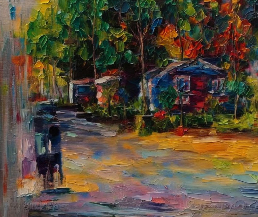 Vibrant Impressionist Painting of Rural Scene with Textured Brushstrokes