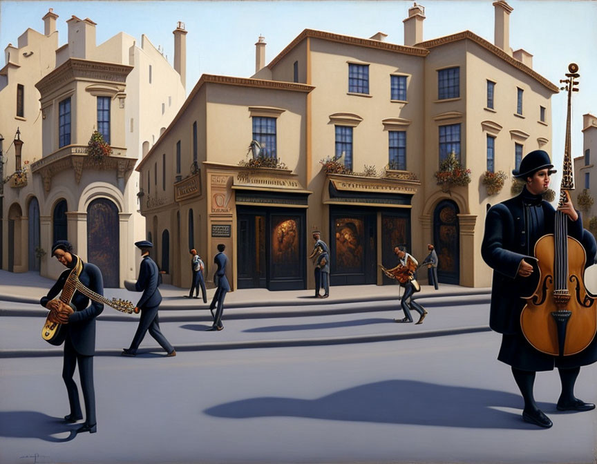 Musicians and Pedestrians in a Sunlit Town Square