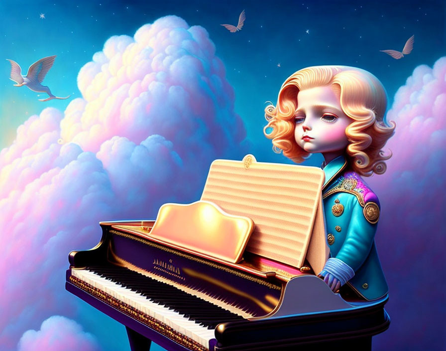 Surreal illustration: child playing grand piano under vibrant sky