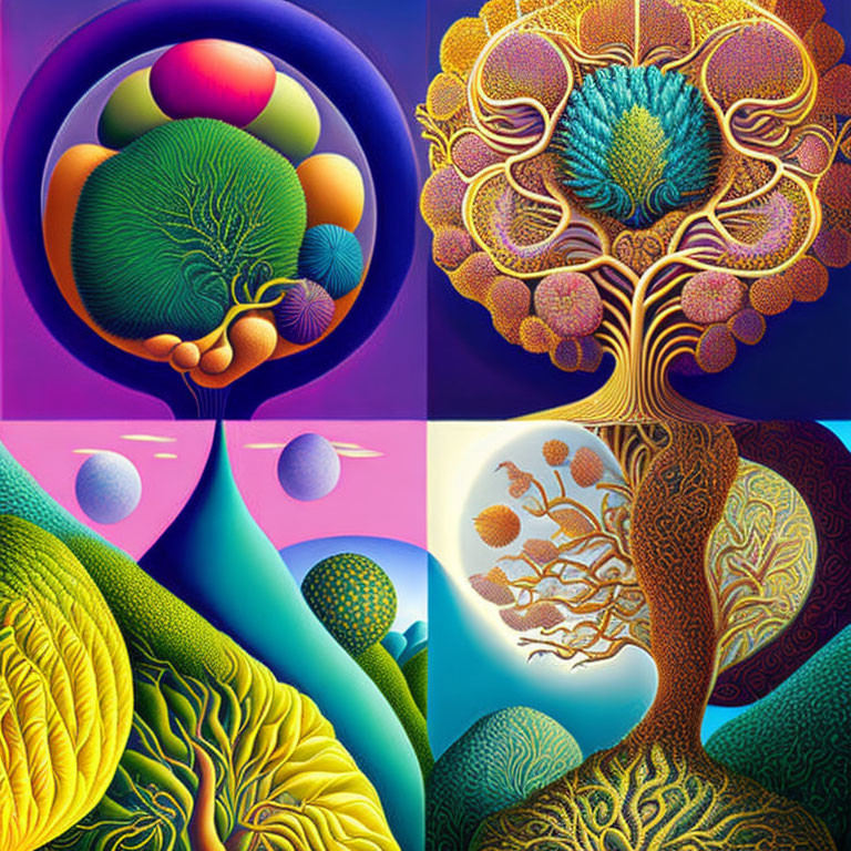 Four Vibrant Surreal Tree Illustrations with Cosmic Backgrounds