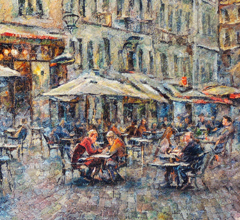 Impressionist-style painting of bustling street cafe scene