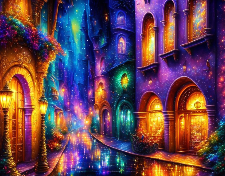 Vibrant colorful street at night with glowing lamps