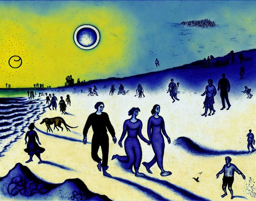 Crowded beach scene with people, dog, yellow and blue colors, celestial bodies