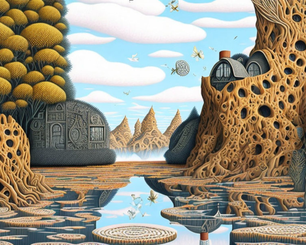 Stylized landscape with intricate trees and whimsical structures