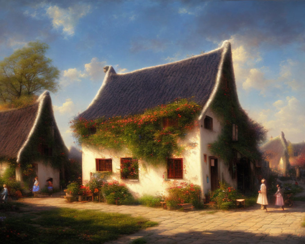 Rural village scene with thatched-roof cottages and people in soft light