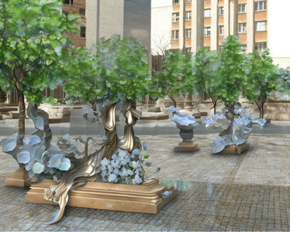 Outdoor installation: Mirrored trees reflect sunlight in cityscape.