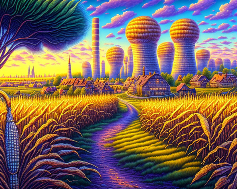 Surreal landscape with golden wheat fields and fantastical structures